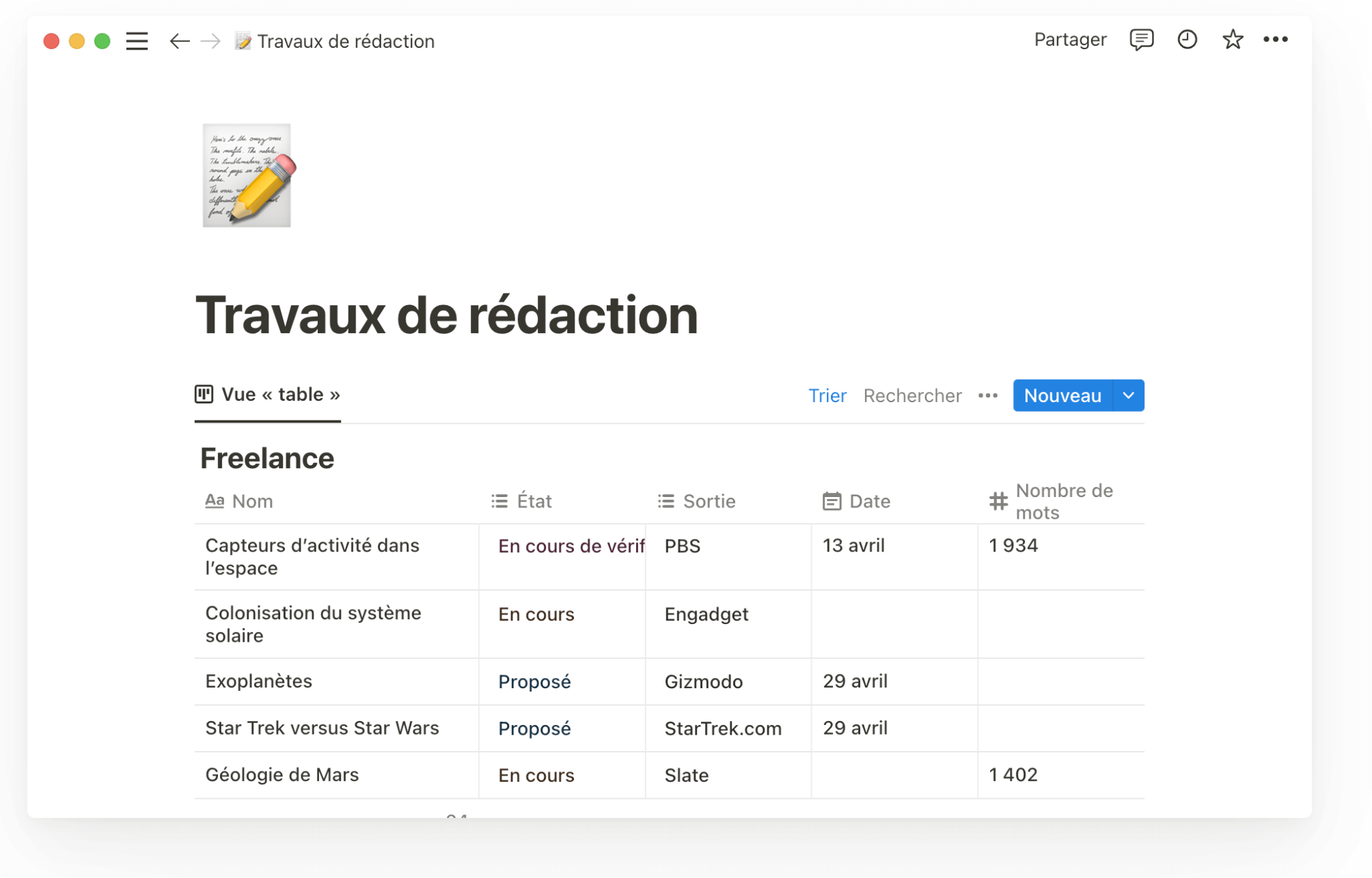 Base de données sur la rédaction avec Notion