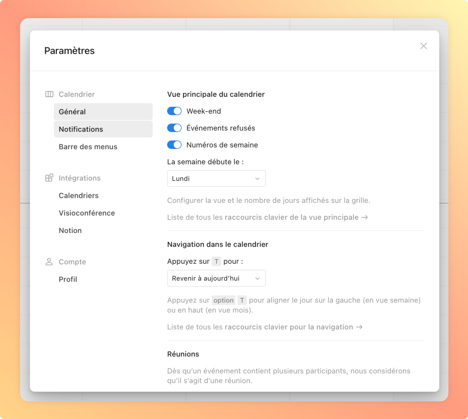 L’interface de personnalisation de Notion Calendar
