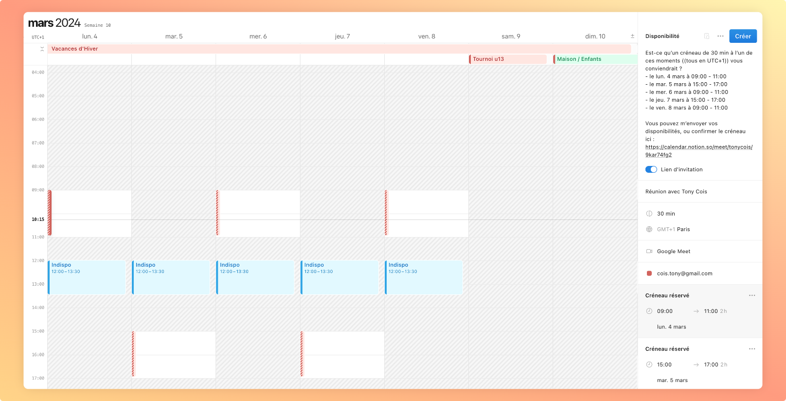 L’interface pour ajouter des disponibilités