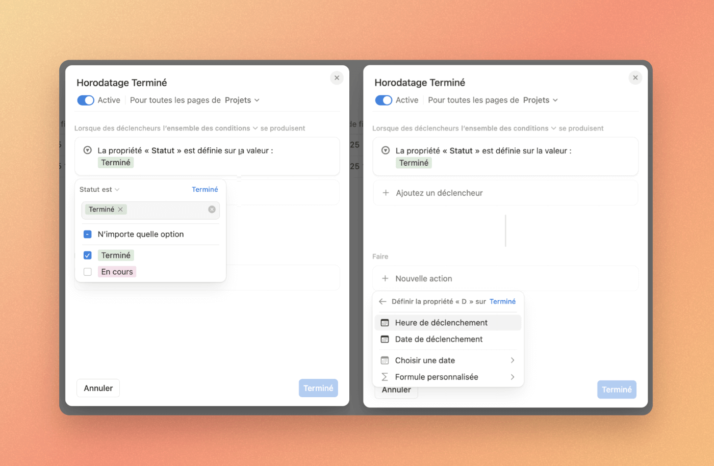 Le fonctionnement de l’automatisation pour horodater un projet