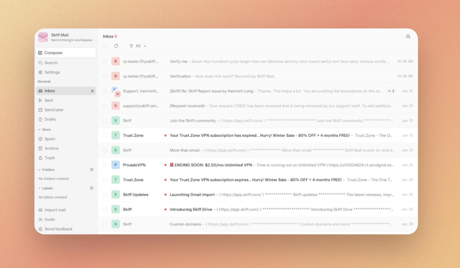 L’interface de Skiff dont on visualise l’inspiration pour Notion Mail