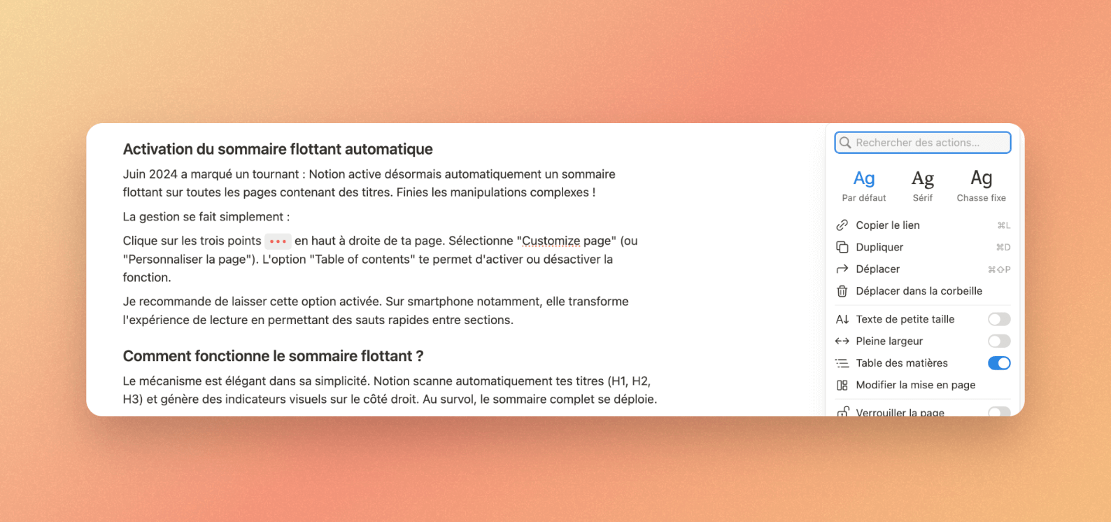 L’option de la table des matières dans Notion